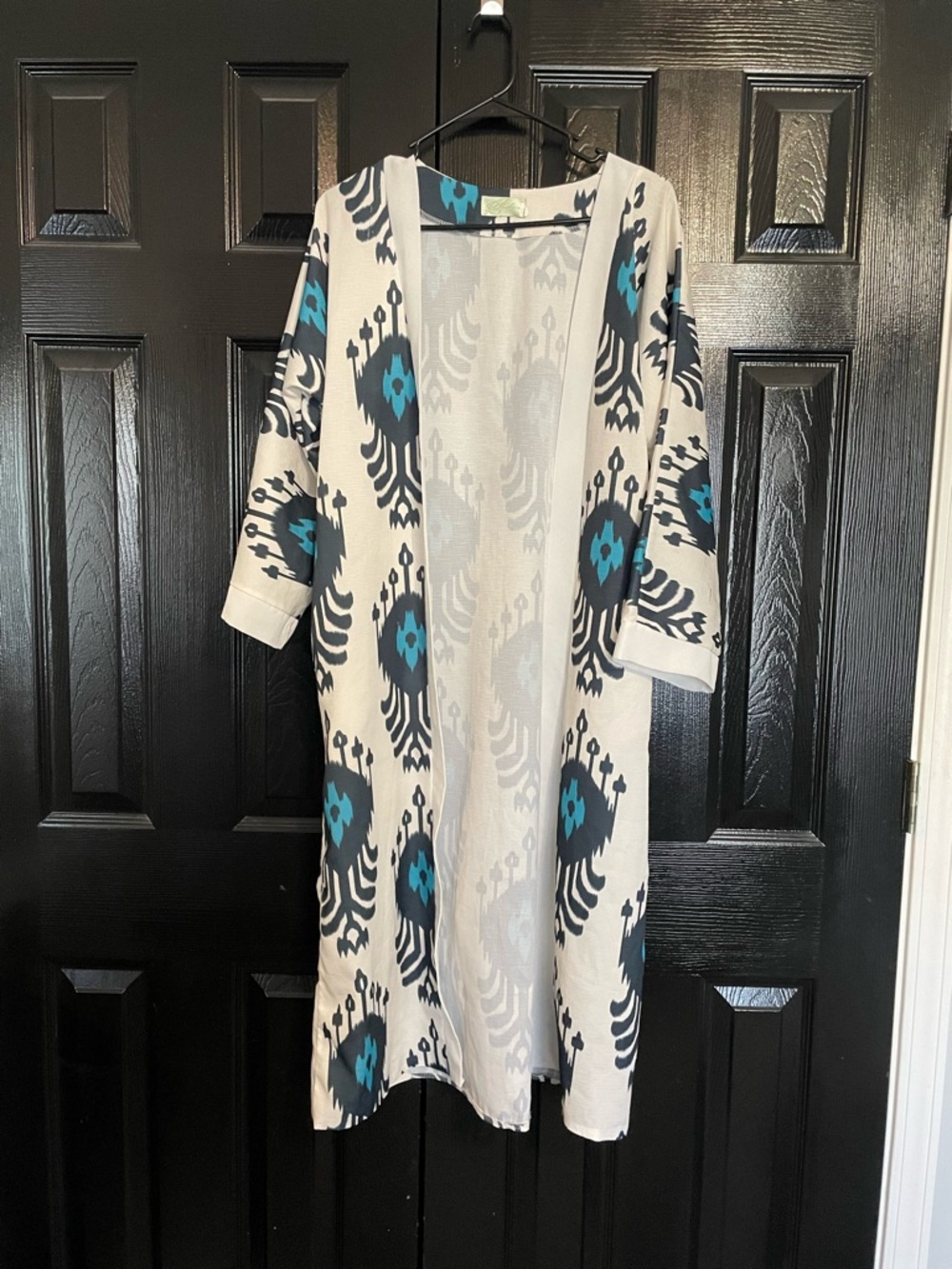 Open Front Ivory Kimono/ Robe/ Abaya/ Cardigan with Blue Ikat Pattern